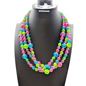 Vintage Three Strand Multi-Color Vibrant Acrylic Marble Bead 25" Necklace